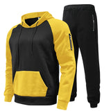 Mens Yellow Striped Long Sleeve Pocket Hooded Sports Sweatshirt and Pants Set