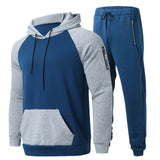 Mens Blue Striped Long Sleeve Pocket Hooded Sports Sweatshirt and Pants Set