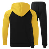 Mens Yellow Striped Long Sleeve Pocket Hooded Sports Sweatshirt and Pants Set